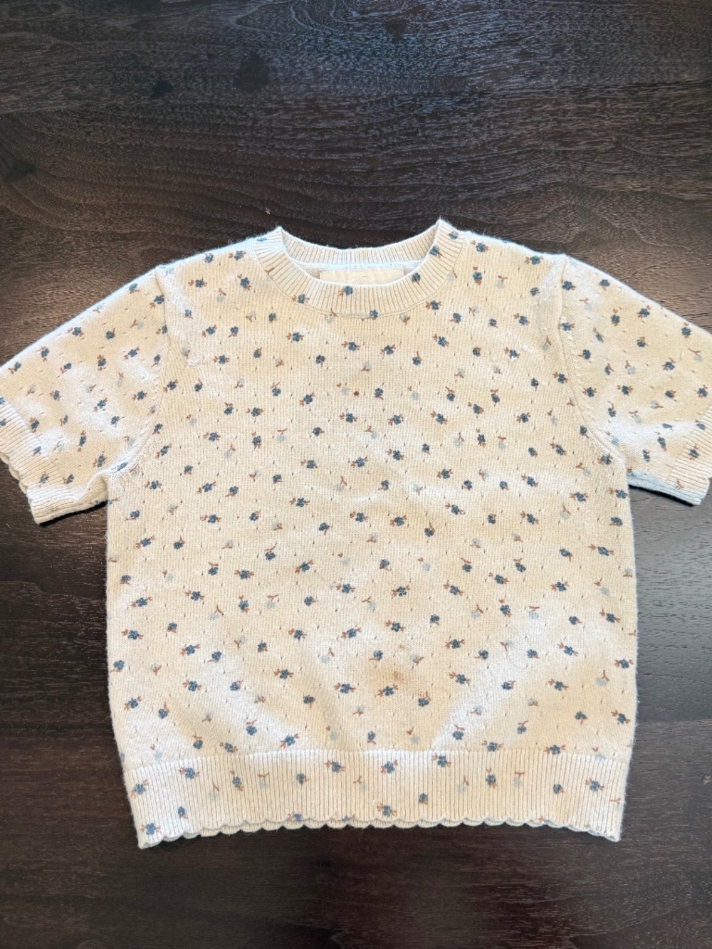 Zara Girls Floral Knit Sweater Cream Blue Flowers Size 8-9 Years Scallop Hem